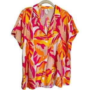 Joie Blouse Bright Abstract Floral Pleated Colorful Top V-Neck Pink Artsy Size L
